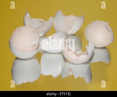 Broken egg shells and reflections on yellow background Stock Photo