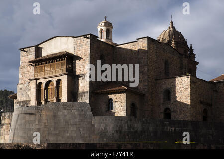 Facade of the church of Santo Domingo, built on Coricancha Inca Temple of the outer wall still remains. Stock Photo