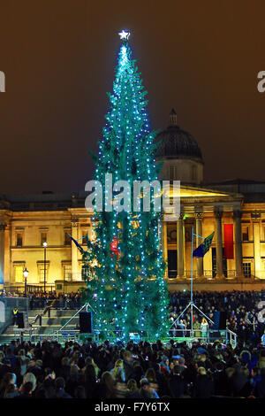 London, UK. 3rd Dec, 2015. Crowds braved the threatening rain to watch the lighting of the Trafalgar Square Christmas Tree in London. The tree is a traditional gift from the people of Norway. Credit:  Paul Brown/Alamy Live News Stock Photo