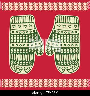 Christmas greeting card with knitted mittens. Vector illustration in green, red colors Stock Vector