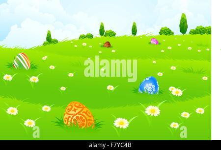 Green Landscape Background with Easter Eggs Stock Vector