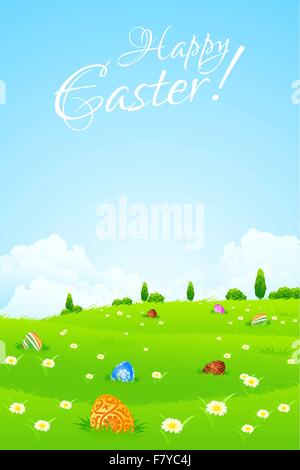 Green Landscape Background with Easter Eggs Stock Vector