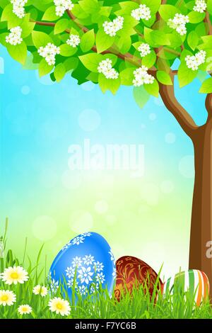 Green Tree Background with Easter Eggs Stock Vector