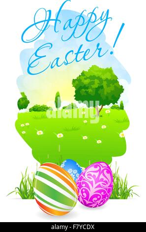 Easter Card with Landscape and Decorated Eggs Stock Vector
