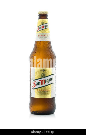 Bottle of Ice Cold San Miguel Beer on a white background, The original San Miguel Brewery was founded in 1890 in Philippines. Stock Photo