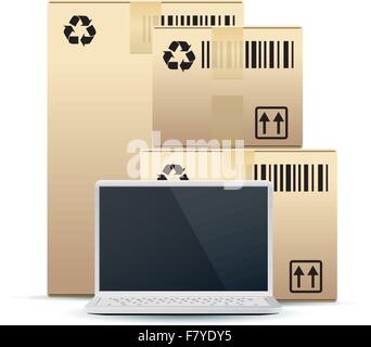 Laptop with Cardboard Boxes Isolated on White Stock Vector