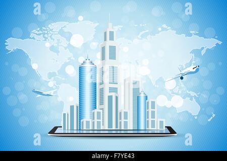 Blue Background with Business City on Tablet Computer Stock Vector