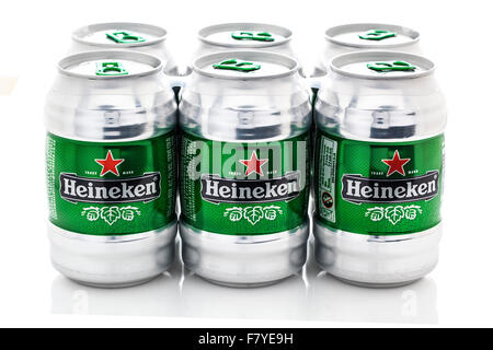 6 Cans of Heineken Beer on a white background Stock Photo