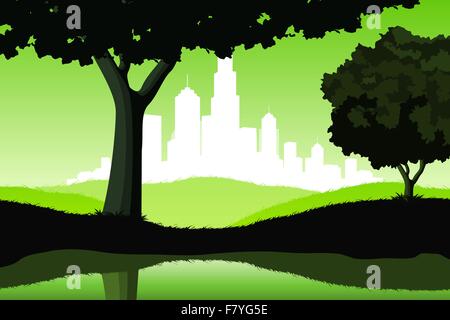 Night Landscape with trees and city silhouette Stock Vector