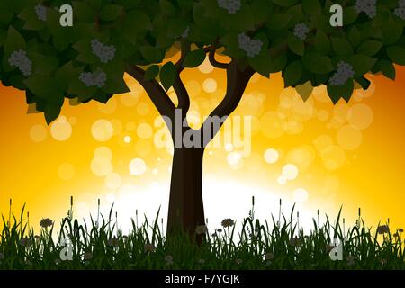 Amazing Sunrise Landscape with Tree Stock Vector