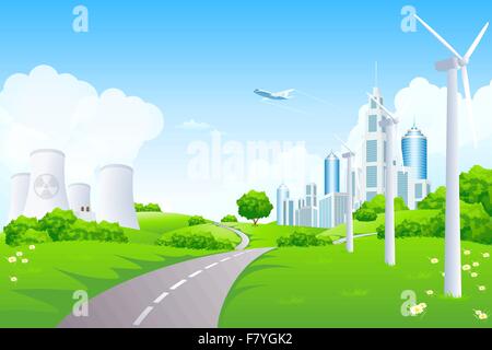 Green Landscape with City Windmills and Nuclear Power Plant Stock Vector