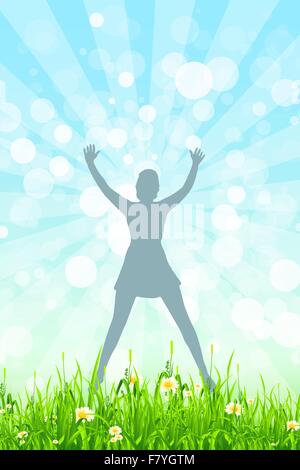 Nature Background with Girl Silhouette in Jump Stock Vector