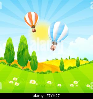 Nature background with green grass and blue sky. Vector illustration ...