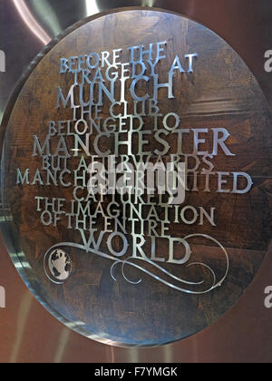 MUFC,Munich memorial,Old Trafford, Manchester United,England,UK. 'Before the Tragedy at Munich, the club belonged to Manchester' Stock Photo