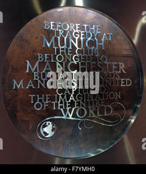 MUFC,Munich memorial,Old Trafford, Manchester United,England,UK. 'Before the Tragedy at Munich, the club belonged to Manchester' Stock Photo