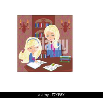 Mother helping her child with his homework for school. Vector ...