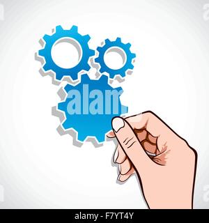 blue gear sticker in hand Stock Vector