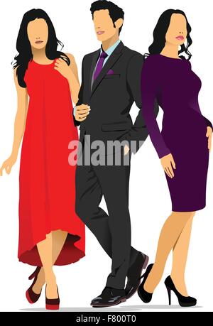 Young handsome man and two young women. Businessman. Business wo Stock Vector