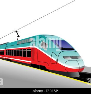 Red-blue modern speed bullet train. Fast suburban, subway, metro