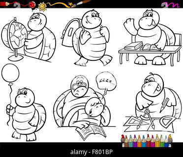 school turtle set cartoon coloring page Stock Vector
