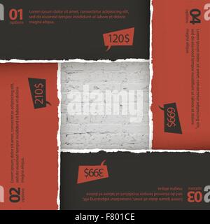 Bricks texture under torn papers. Options composition. Stock Vector