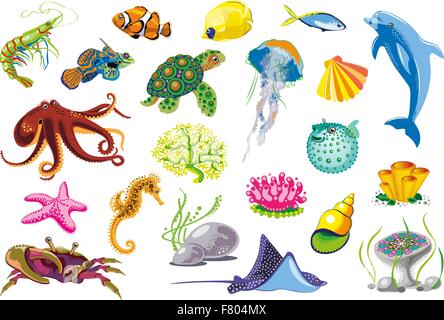 Set of sea animals in vector graphic illustration in coloring pages for ...
