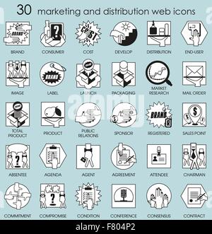 Thirty line icons set with flat design elements of marketing and distribution of goods and products. Modern vector pictogram col Stock Vector