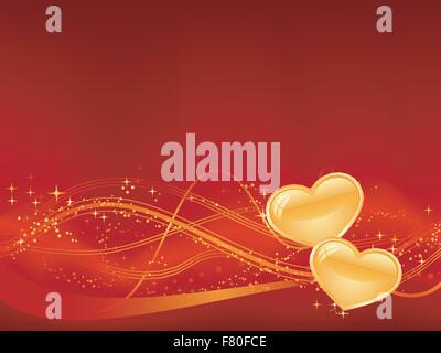 Romantic background in red with two golden hearts Stock Vector