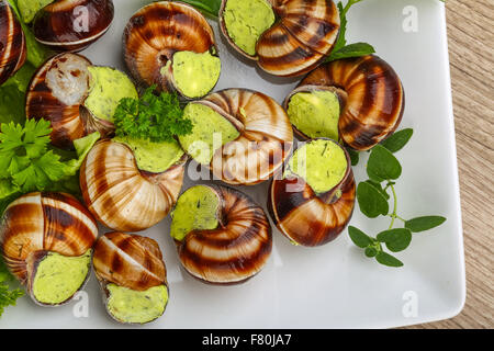 Escargot with parsley butter with salat leaves and mint Stock Photo