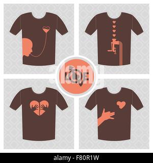 Conceptual set of t-shirt print vector; logo design elements, unrequited love concept with broken heart. Stock Vector