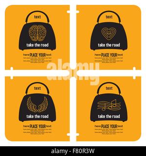 Conceptual set of travel bag icons; logo design elements, vacation planning concept with sample text against orange background. Stock Vector