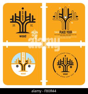 Conceptual set of tree icons; logo design elements, growth and stability wood concept with sample text against orange background Stock Vector