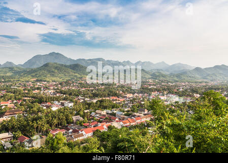 An aerial view of Luang Prabang in Laos. The city lies along the Mekong river and is one of the counrtry main travel destination Stock Photo