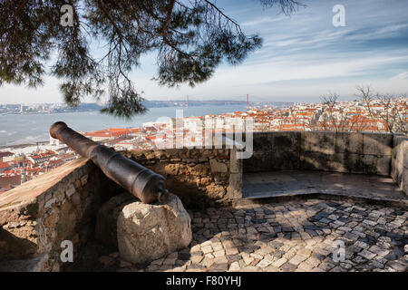 Medieval cannon at Sao Jorge castle, view over city of Lisbon in Portugal Stock Photo