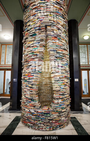 The Municipal Library of Prague on Marianske Square in Prague. Book column named Idiom was created by sculptor Matej Kren. Stock Photo