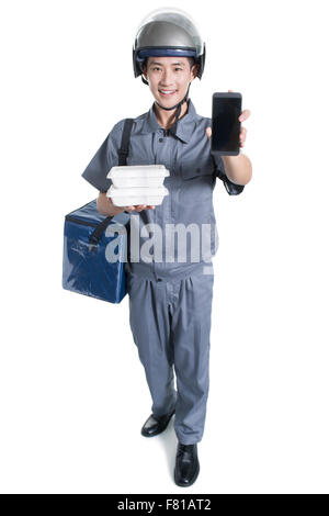 Take-out deliveryman showing smart phone Stock Photo