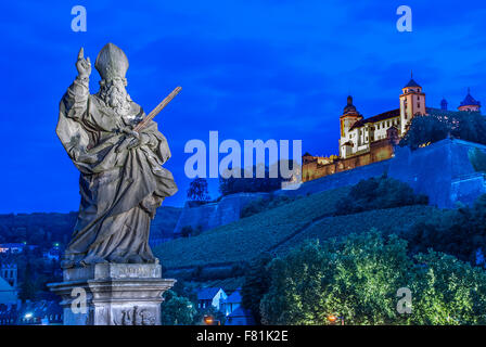 View from Old Main Bridge to Fortress Marienberg, Wuerzburg, Franconia, Bavaria, Germany Stock Photo