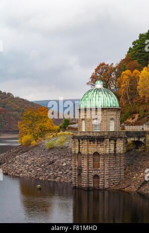 Foel Tower, the Pump House with domed green patina copper roof at Garreg Ddu Dam reservoir, Elan Valley, Powys, Mid Wales, UK in November Autumn Stock Photo