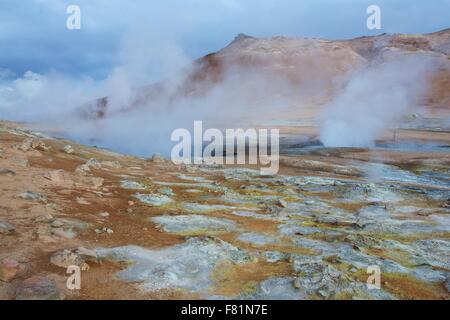 Hverir near Lake Myvatn is a geothermally active area in the north of Iceland. Stock Photo