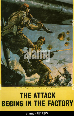 THE ATTACK BEGINS IN THE FACTORY  WW2 British poster about 1942 designed by Leslie Oliphant. Army Air Corps soldiers exit a Mk 1 Horsa with others coming in to land in Nazi occupied Europe. Stock Photo