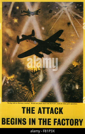 THE ATTACK BEGINS IN THE FACTORY 1943  British poster designed by Roy Nockolds (1911-1979). The nearest Lancaster carries the RA code for No100 Squadron RAF who were equipped with the Lancaster from March 1943. Stock Photo