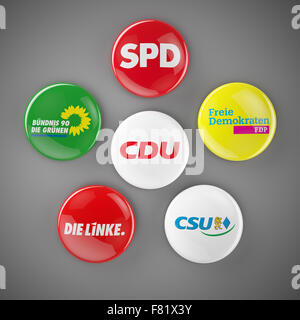 Buttons of the pöitical groups of the German Bundestag showing the SPD, CDU, Die Gruenen, FDP, Die Linke and CSU. Stock Photo