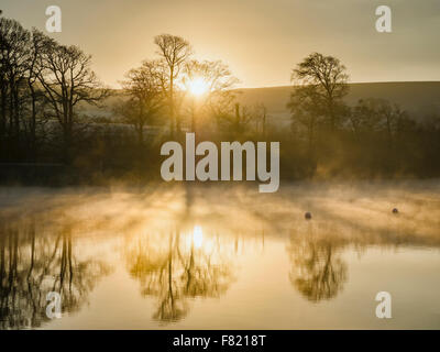 Misty morning on Ullswater with the sun shining through the winter trees onto the lake Stock Photo