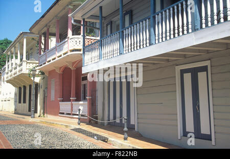 Beautifully restored town houses line Calle Jose Julian Acosta in San German, Puerto Rico, Caribbean. Stock Photo