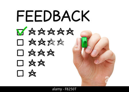 Hand putting check mark with green marker on five stars in feedback form. Stock Photo