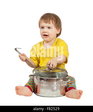 Baby cook with  pan. Isolated over white background Stock Photo