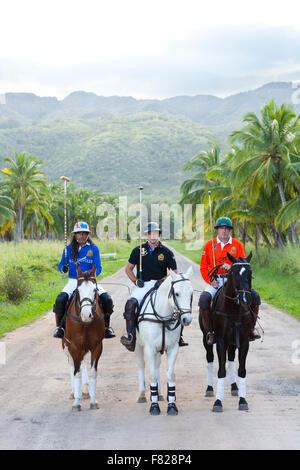 Three polo players on horseback Stock Photo