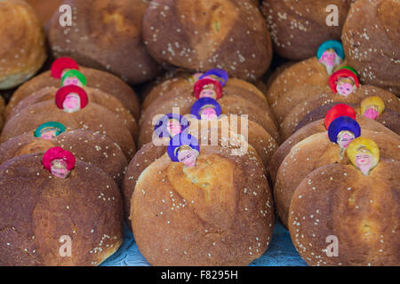 Traditional Mexican Bread called Bread of the Dead (Pan de Muerto) eaten during Day of the Dead festivities in Mexico. Stock Photo