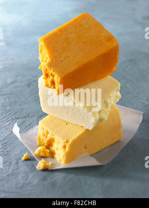 close up of wedges of cheese Cheese -From the top - Double Gloucester. Lancashire, Red Leicester Stock Photo