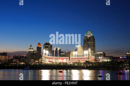 Downtown Cincinnati skyline from Kentucky, evening including the Great American Ball Ball, home of the Reds. Stock Photo